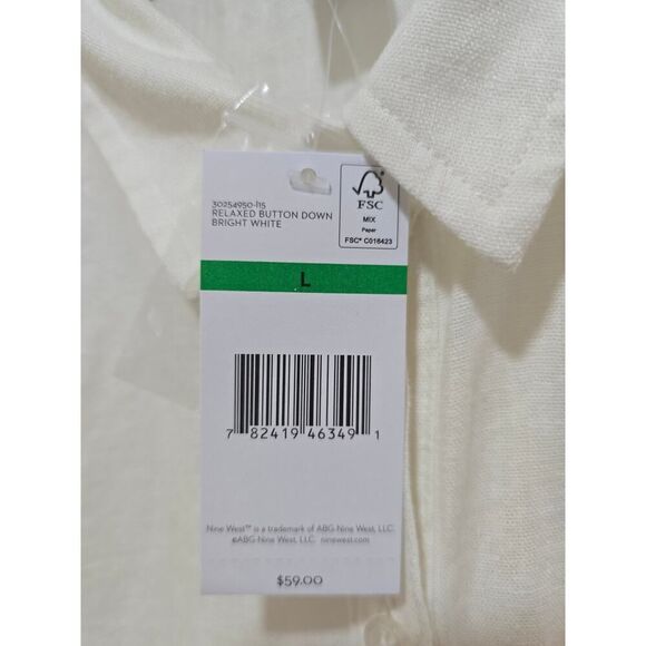 Nine West White Linen Blend Button Down Shirt NWT Women's Size L Relaxed Fit - Picture 6 of 8